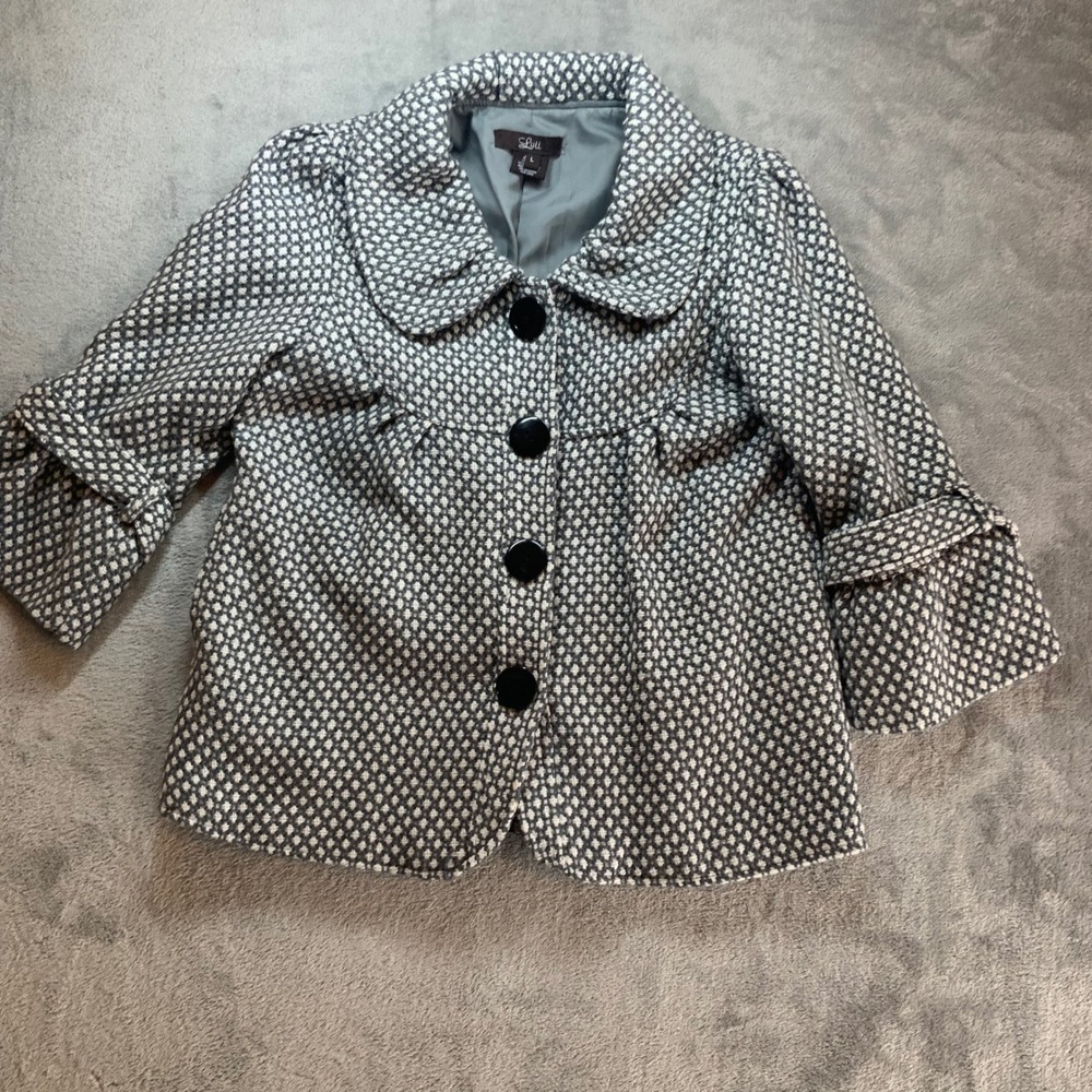 Luii Womens Grey White Geometric Button Front Swing Coat 3/4 Sleeve Size L